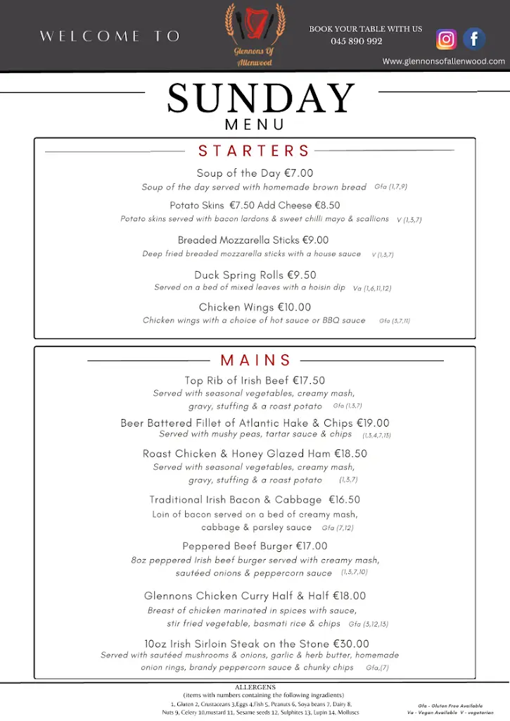 Menu_Glennons Cafe, Bar Restaurant, Beer Garden & Takeaway_Derrinturn_image_4