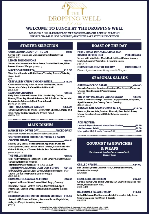 Menu_The Dropping Well_Clonskeagh_image_1