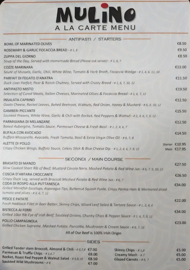 Menu_Mulino Italian Restaurant_Dollymount_immagine_1