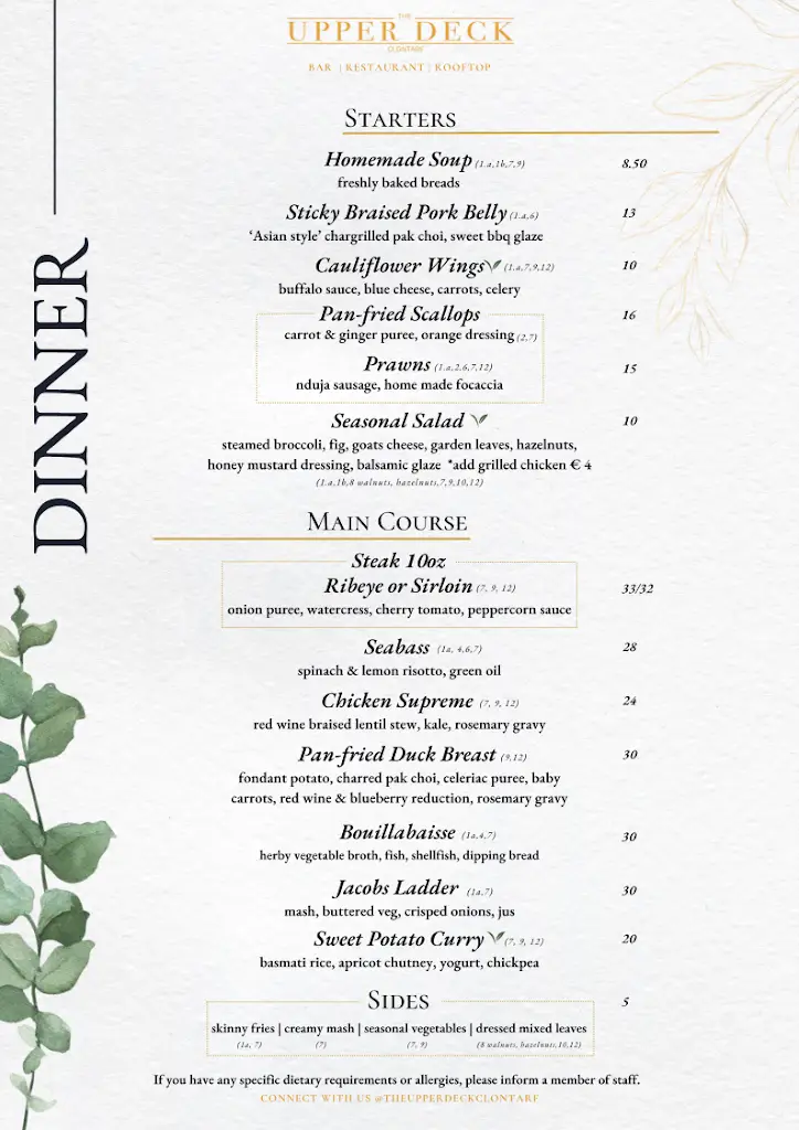 Menu_The Upper Deck, Clontarf_Dollymount_image_2