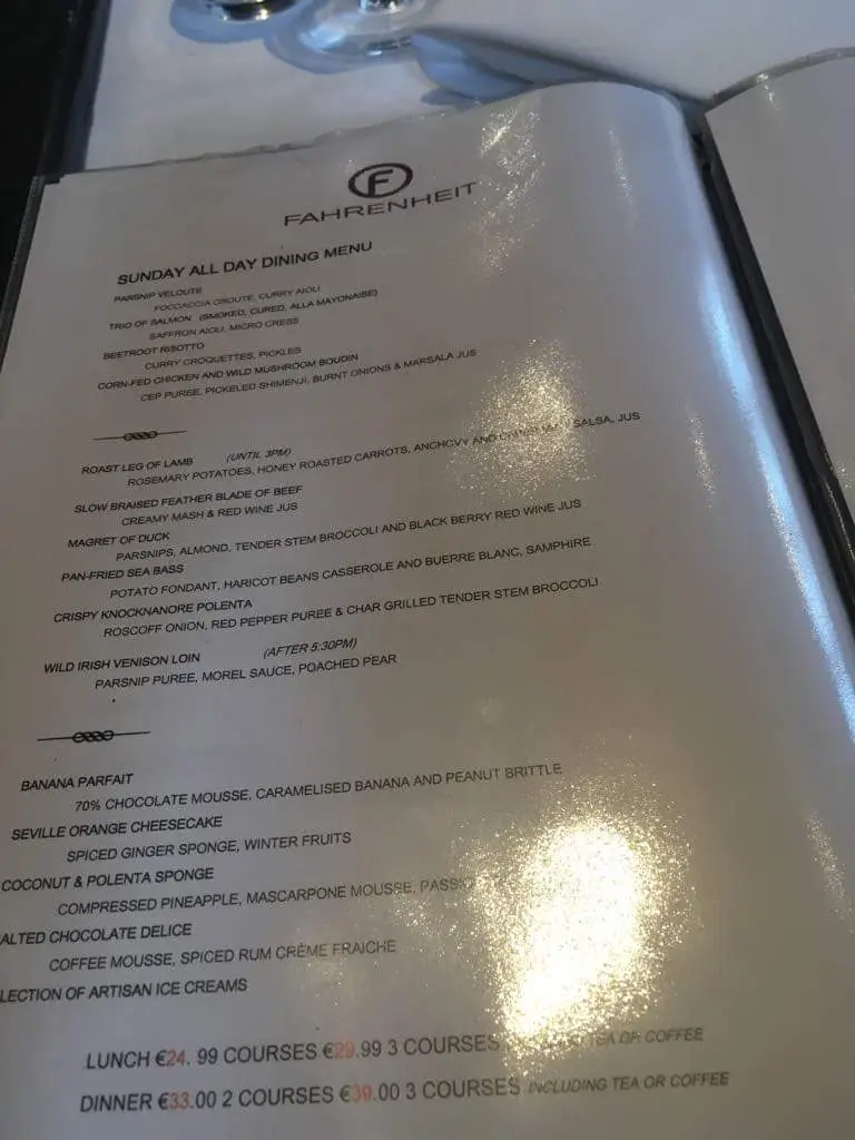 Menu_Fahrenheit Restaurant_Dollymount_image_2