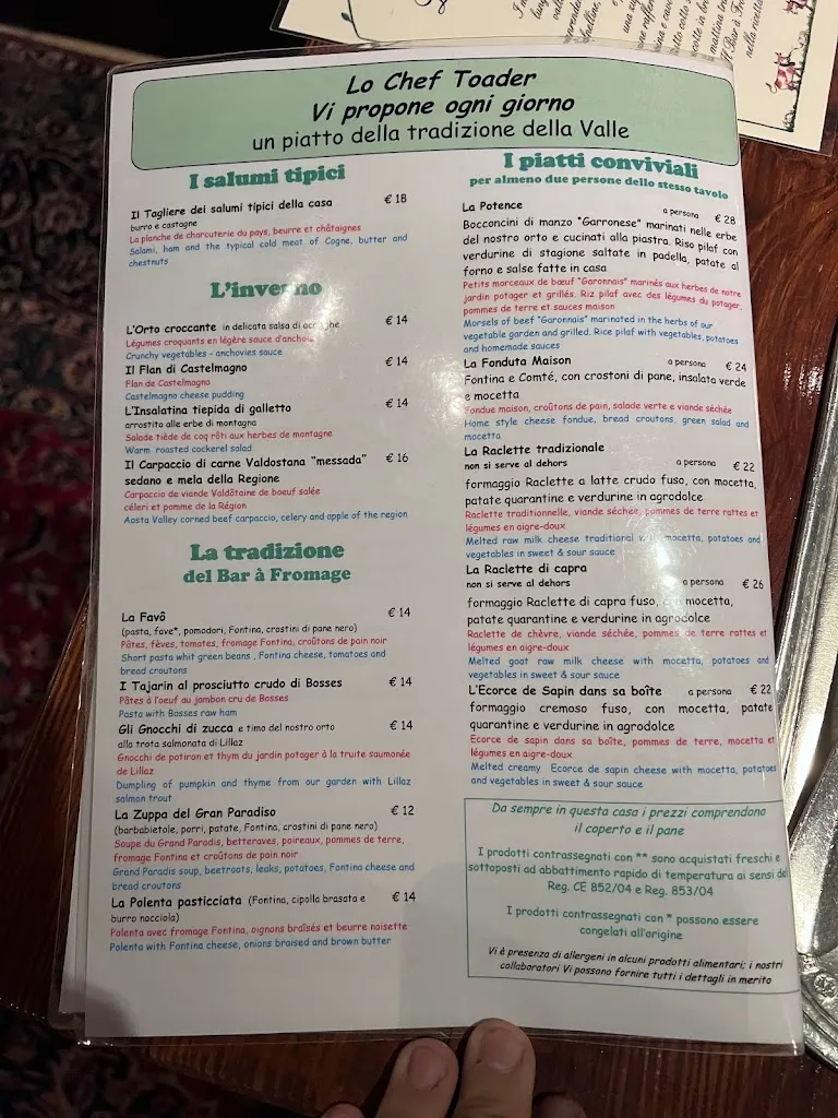 Menu_Bar à Fromage, restaurant de montagne_Cogne_immagine_1