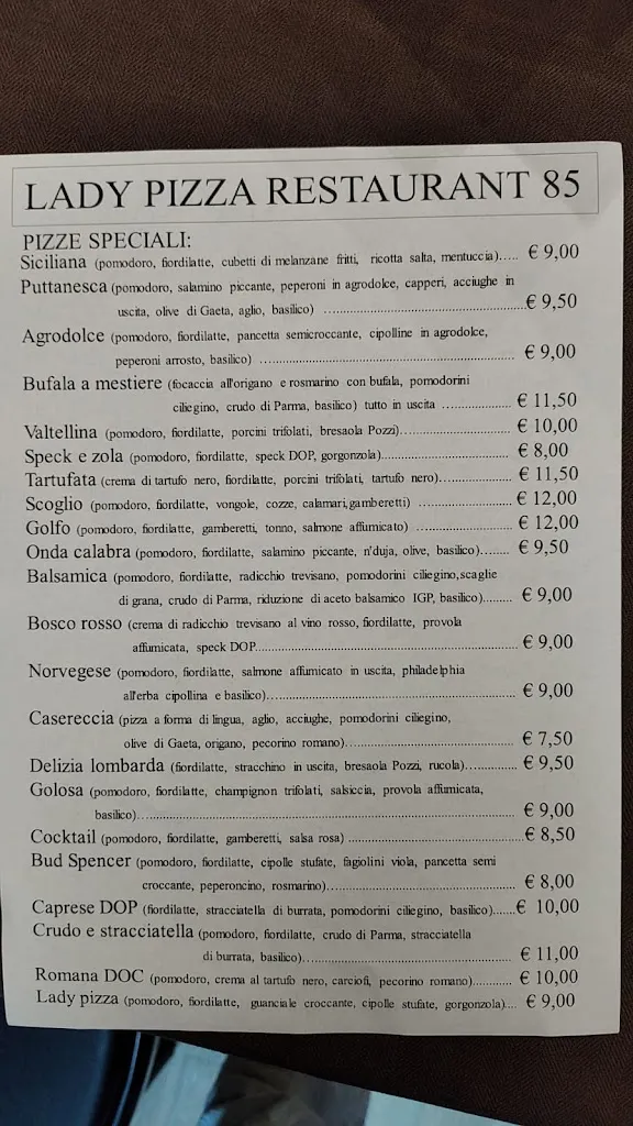 Menü_LADY PIZZA RESTAURANT 85_Sondalo_Bild_1