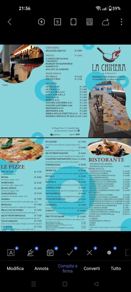 Menu_Ristorante Pizzeria La Chimera di Maniele_Canicattini Bagni_image_1