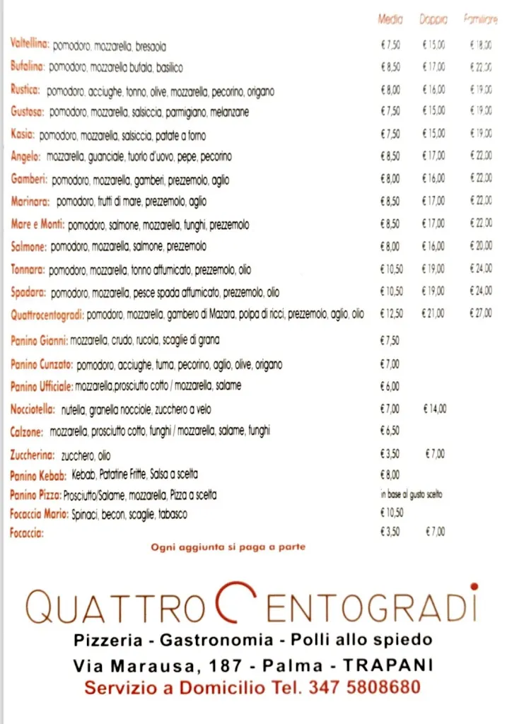 Menu_Quattrocentogradi Pizzeria Gastronomia Polli allo spiedo Palma Marausa_Marausa_image_1