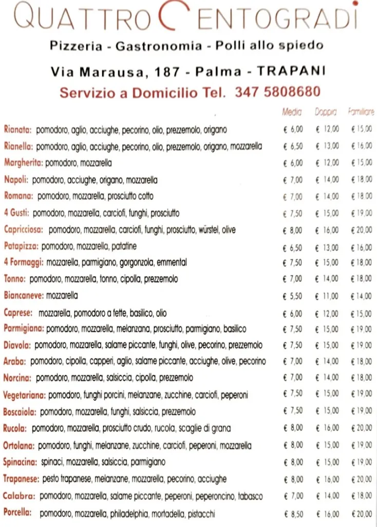 Menu_Quattrocentogradi Pizzeria Gastronomia Polli allo spiedo Palma Marausa_Marausa_image_2