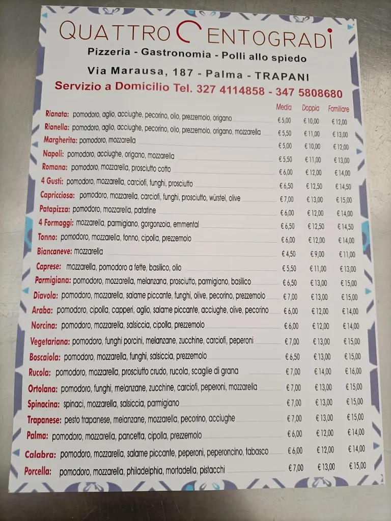 Menu_Quattrocentogradi Pizzeria Gastronomia Polli allo spiedo Palma Marausa_Marausa_image_4