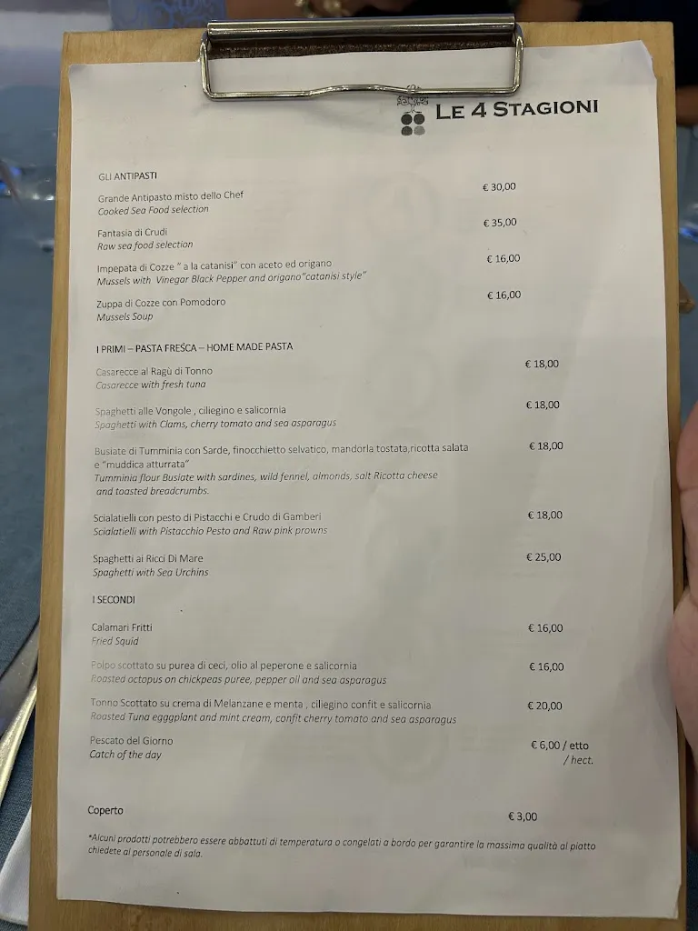 Menu_Ristorante Le 4 stagioni, Sul Mare, Ristorante Di Pesce Menfi_Menfi_image_1