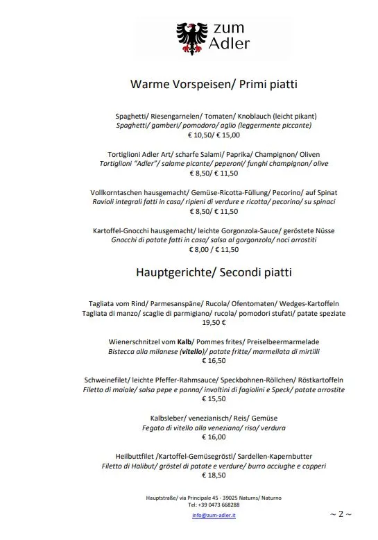 Menu_Restaurant Pizzeria Zum Adler - Ristorante All' Aquila_Naturno_image_2