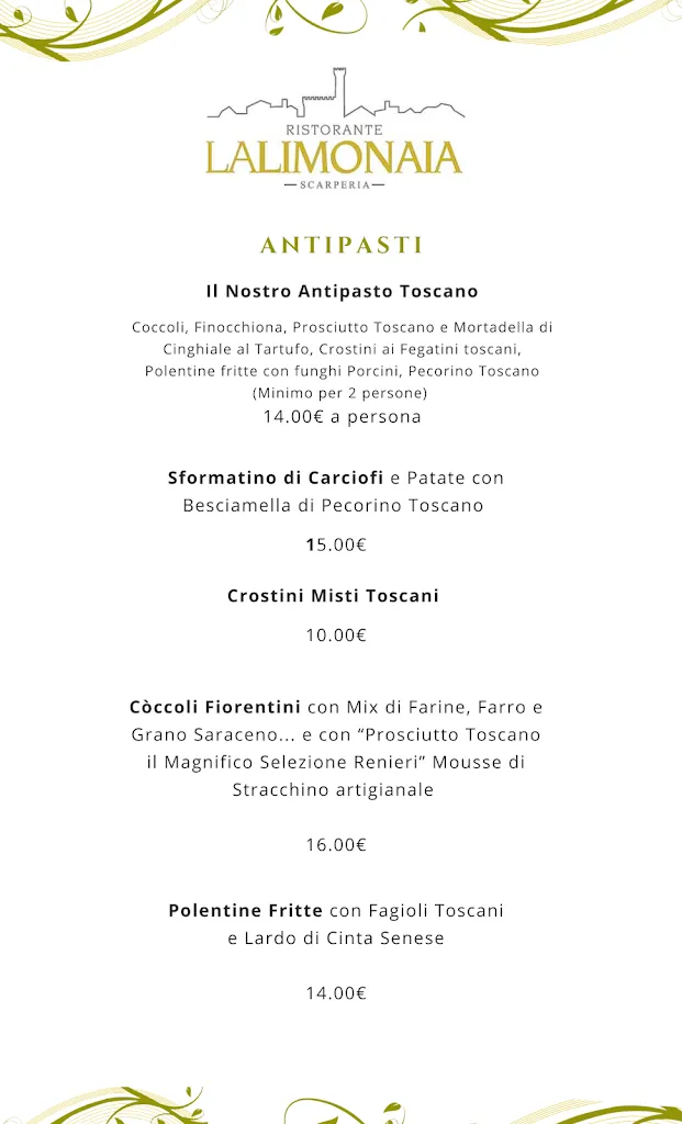 Menu_Ristorante La Limonaia di Villa Senni a Scarperia e San Piero - Specialità Bistecca Fiorentina e Tortelli nel Mugello_Borgo San Lorenzo_image_1