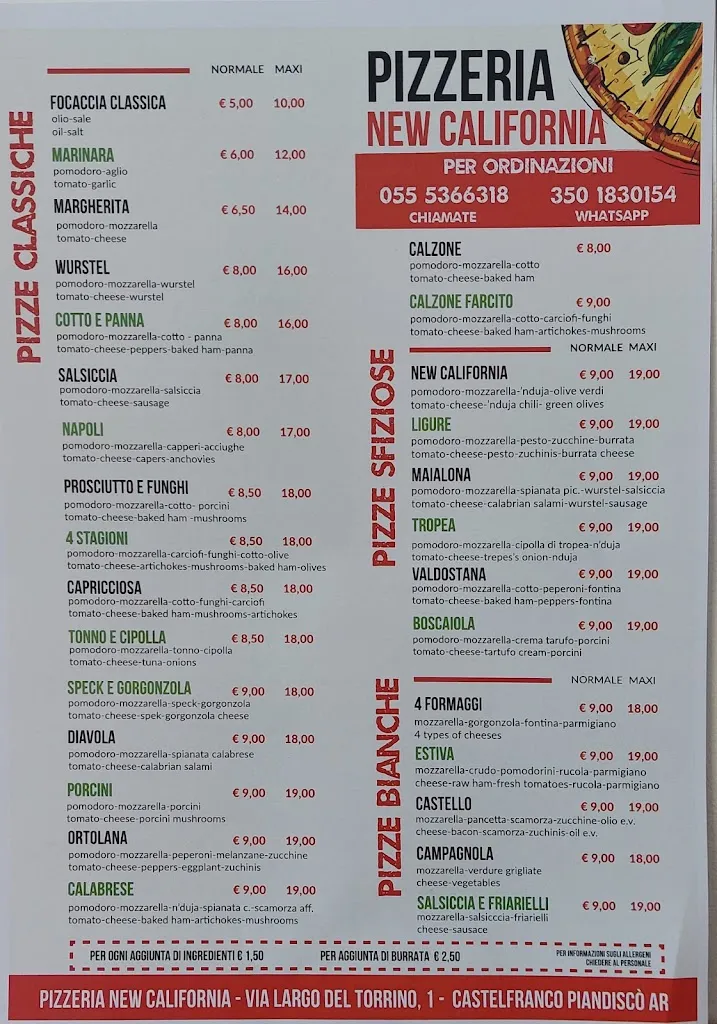 Menu_Pizzeria Bar New California_Castelfranco di Sopra_image_1
