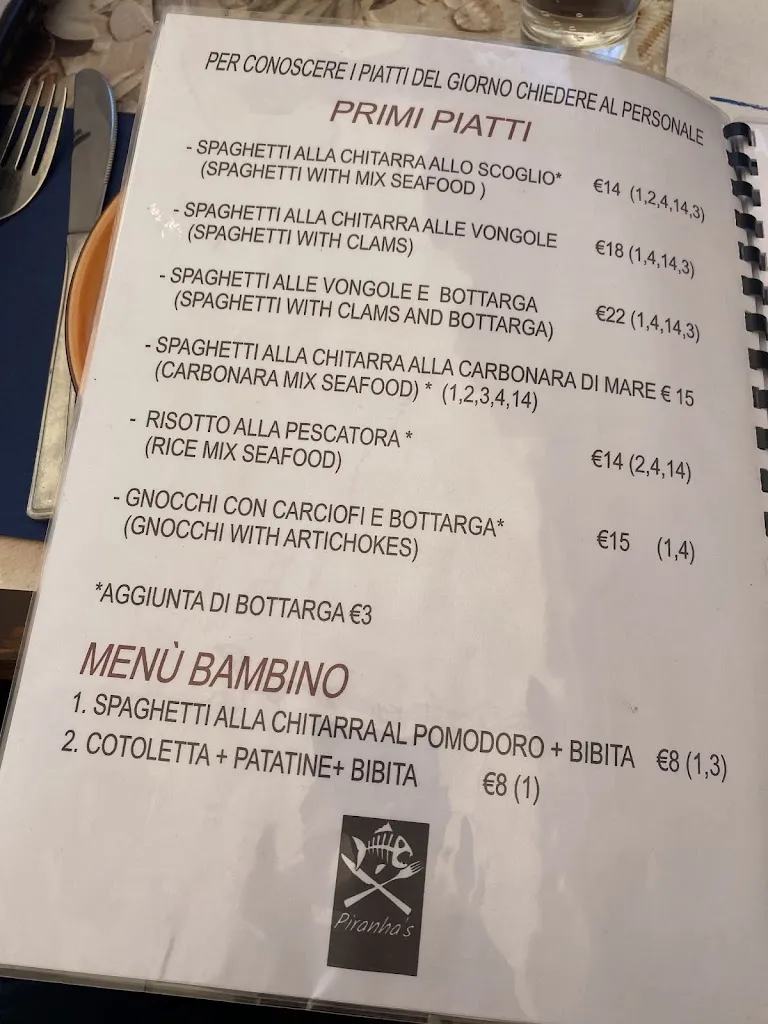 Menu_Piranha's Home Made Restaurant_Monte Argentario_image_1