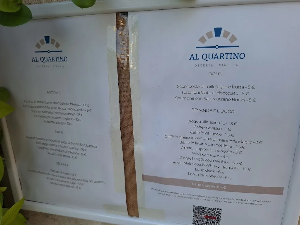 Menu_Al Quartino - Ristorante Osteria Vineria_Nardò_image_1