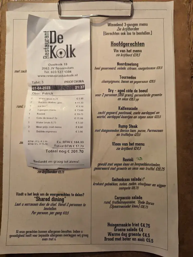 Menü_Restaurant De Kolk_Haarlem_Bild_1