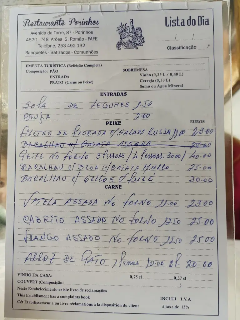 Menu_Restaurante Porinhos, Lda_Arões_image_1