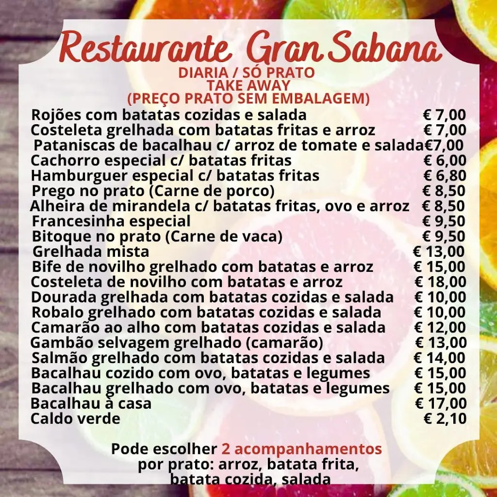 Menu_Restaurante Gran Sabana Estarreja Portugal. Diarias_Estarreja_immagine_1