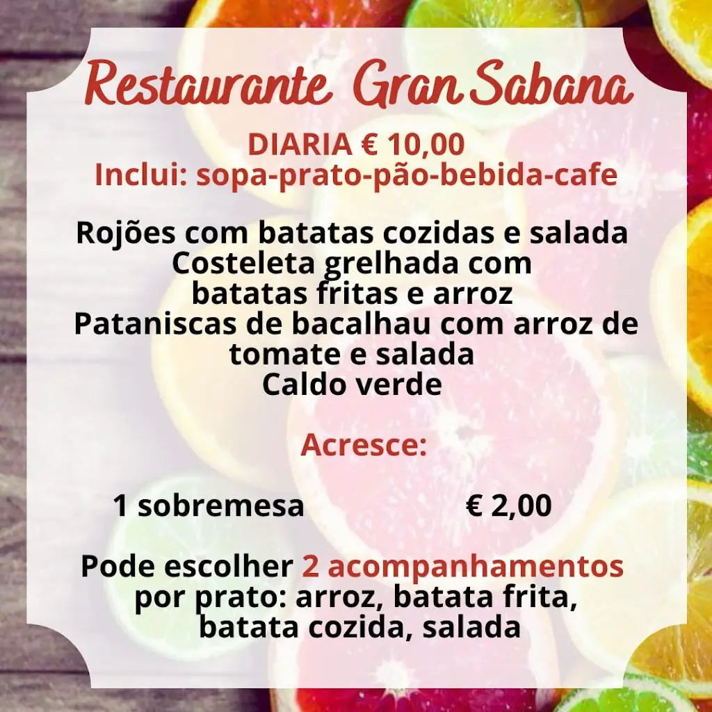 Menu_Restaurante Gran Sabana Estarreja Portugal. Diarias_Estarreja_immagine_2