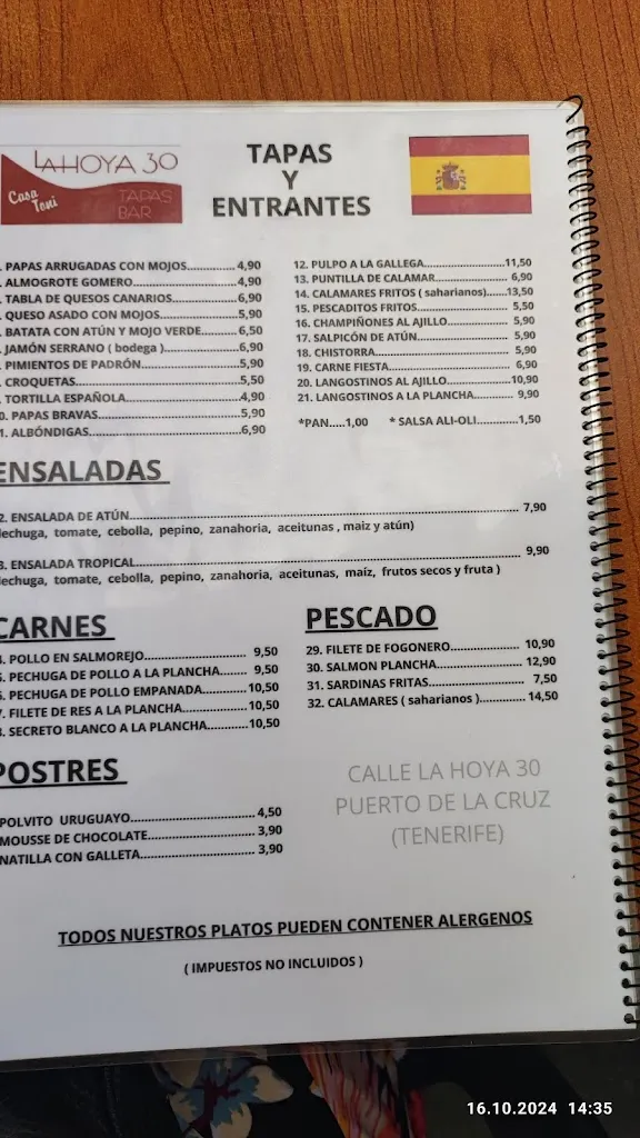 Menu_Tapas Bar La hoya 30 casa Toni_Puerto de Santa Cruz_image_1