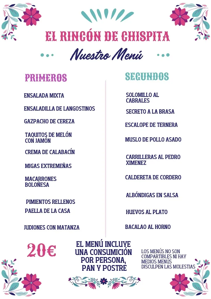 Menu_RESTAURANTE EL RINCON DE CHISPITA Y DISCOTECA TENEGUIA_Zarza de Granadilla_image_3