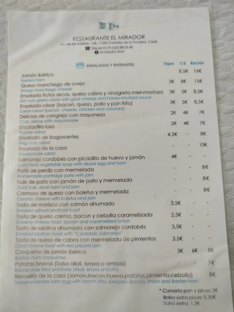 Menu_Bar Restaurante EL MIRADOR_Castellar de la Frontera_immagine_1