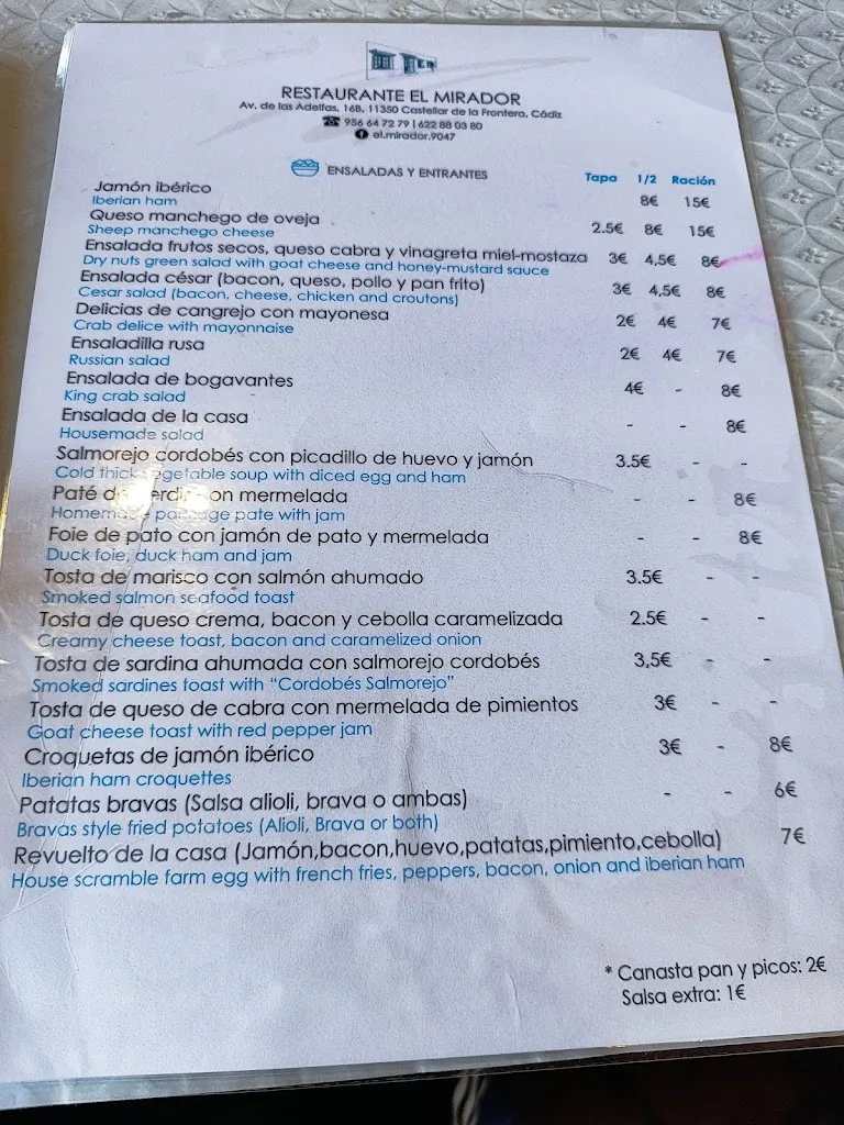 Menu_Bar Restaurante EL MIRADOR_Castellar de la Frontera_immagine_3