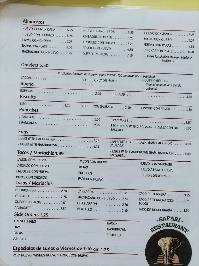 Menu_Safari Restaurant_Laredo_image_1