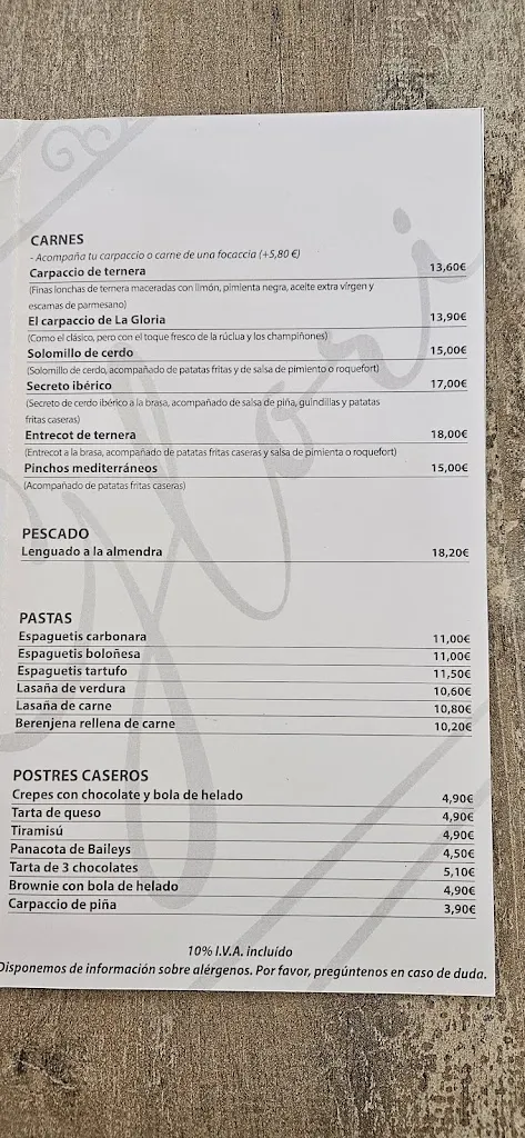 Menu_La Gloria Pizzeria Restaurante_Torreblanca_image_3