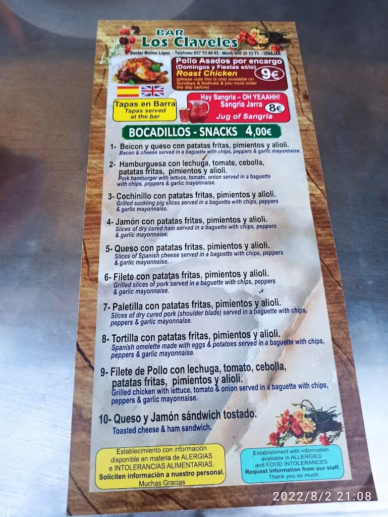 Menu_Bar Los Claveles_Iznájar_image_1
