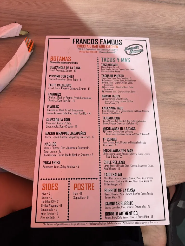 Menu_Franco's Famous San Clemente_San Clemente_image_1
