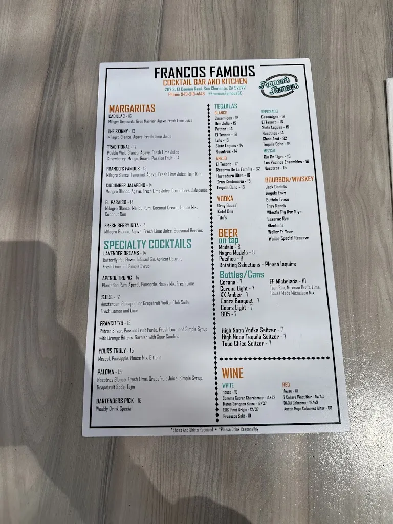 Menu_Franco's Famous San Clemente_San Clemente_image_3