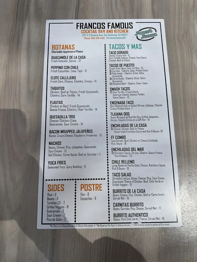 Menu_Franco's Famous San Clemente_San Clemente_image_4