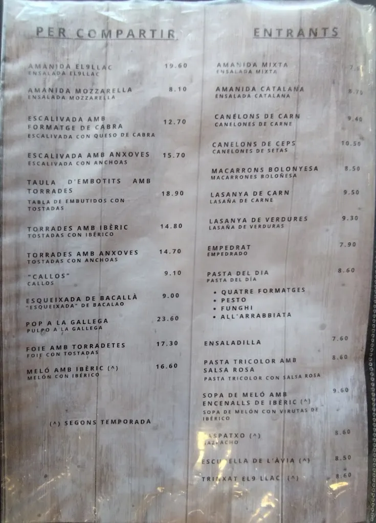 Menu_Bar Restaurant El 9Llac_Campelles_image_1