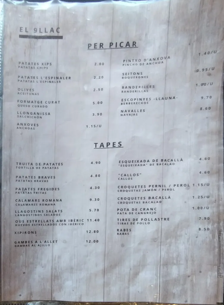 Menu_Bar Restaurant El 9Llac_Campelles_image_2