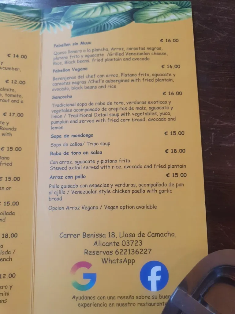 Menü_El Trastero Venezuelan Café_Alcalalí_Bild_1