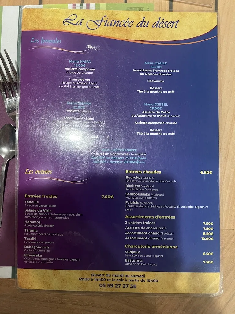 Menu_La Fiancée du Désert_Pau_image_2