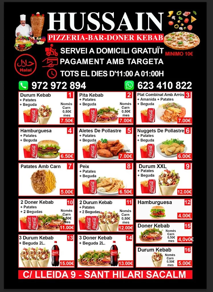 Menu_Hussain Pizzeria Kebab rario. 11.00 am y. 12.00 pm_Sant Hilari Sacalm_image_1