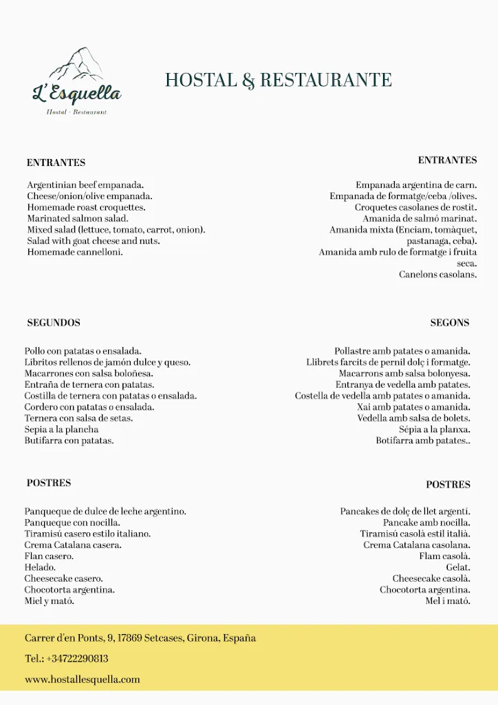 Menu_Hostal & Restaurant L´Esquella_Setcases_image_1