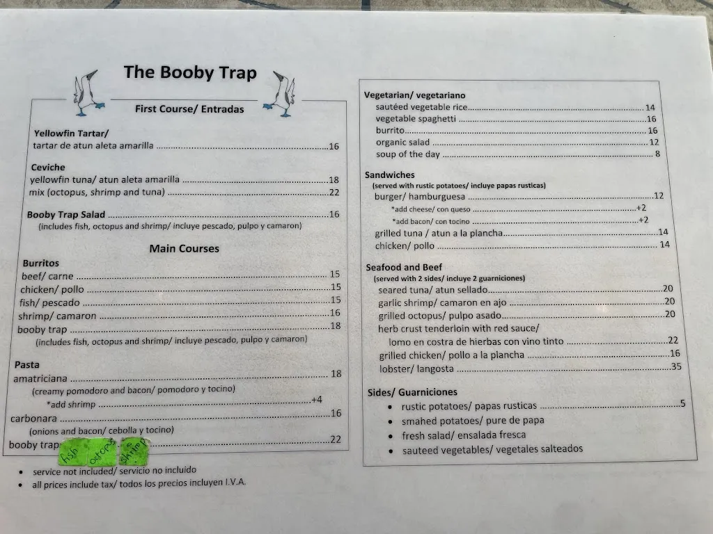 Menu_Booby Trap - Bar Restaurant_Galápagos_image_1