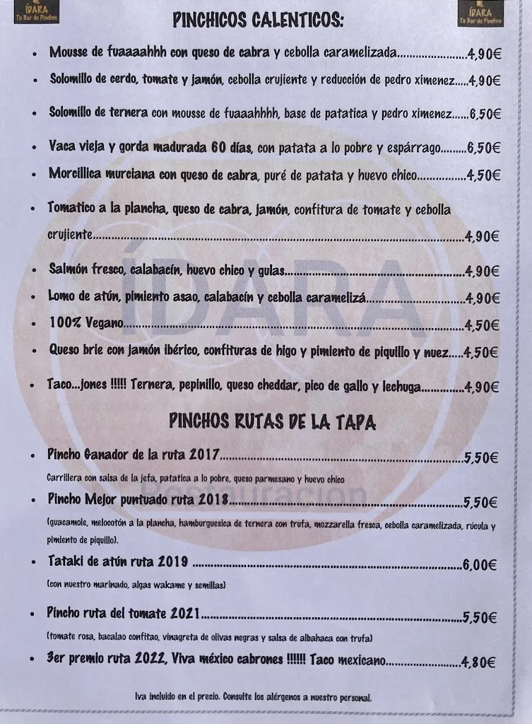 Menu_ÍDARA, Tu bar de pinchos_Torre la Ribera_image_1