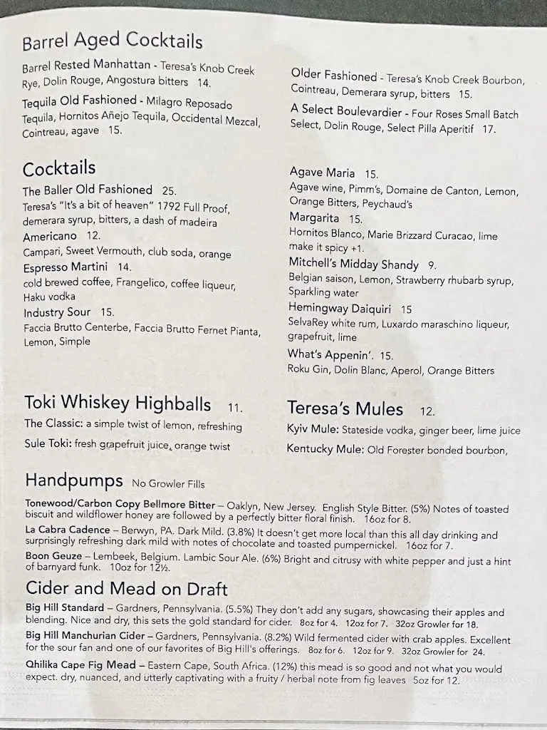 Menu_Teresa's Cafe and Next Door_Villanova_image_1