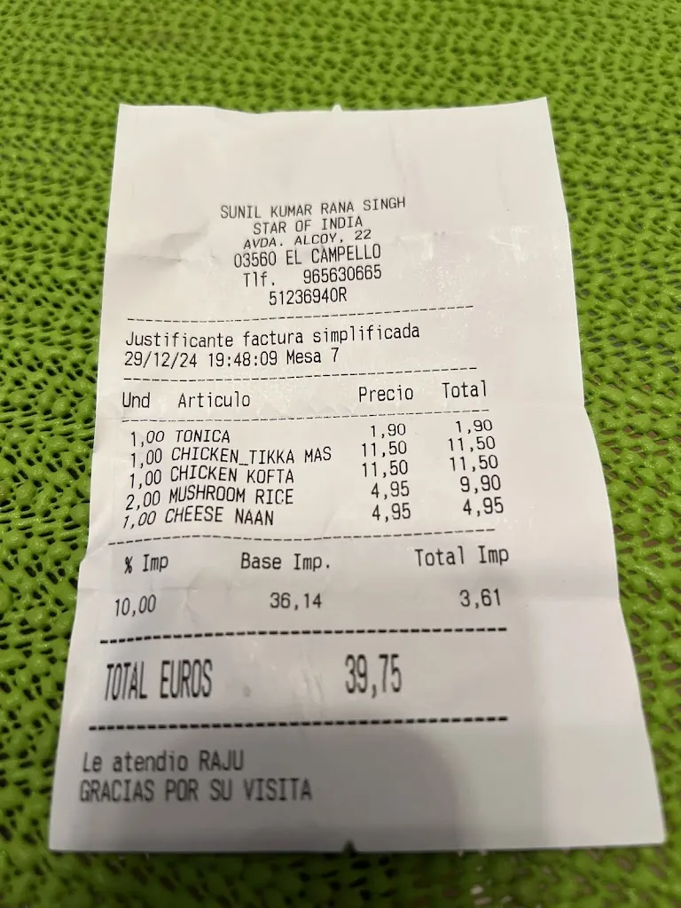 HETMAN QIBAQ_Restaurante Star of India_Campello el_review