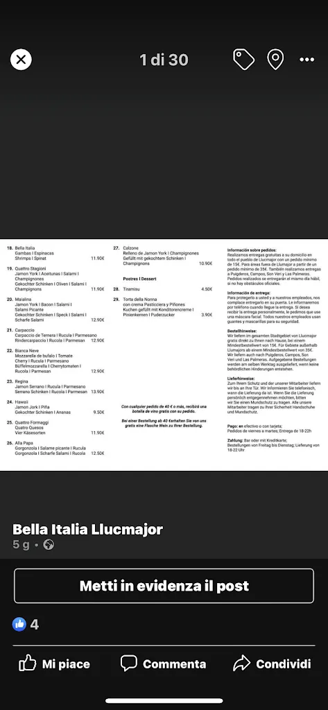 Menu_Bella italia Ristorante Pizzeria_Llucmajor_image_3