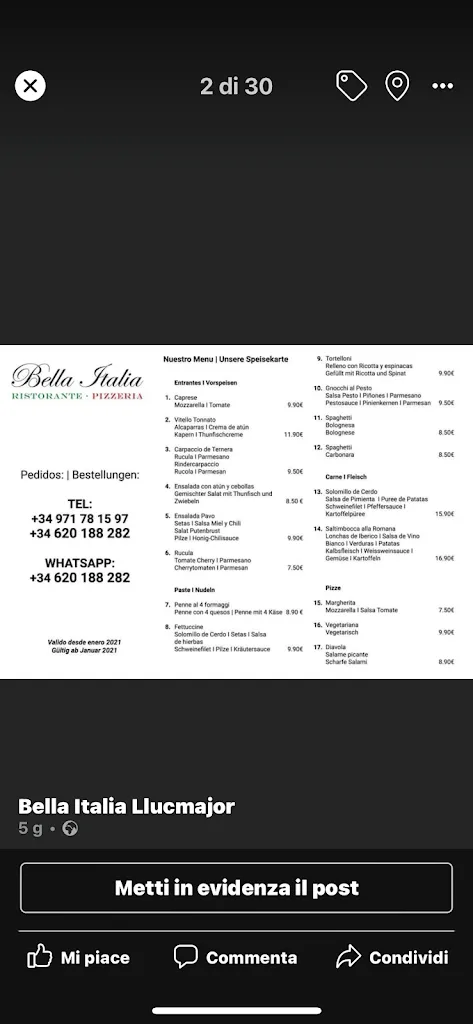 Menu_Bella italia Ristorante Pizzeria_Llucmajor_image_4