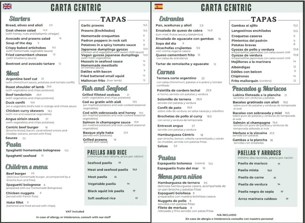 Menü_Restaurant Cèntric_Port de Pollença_Bild_1