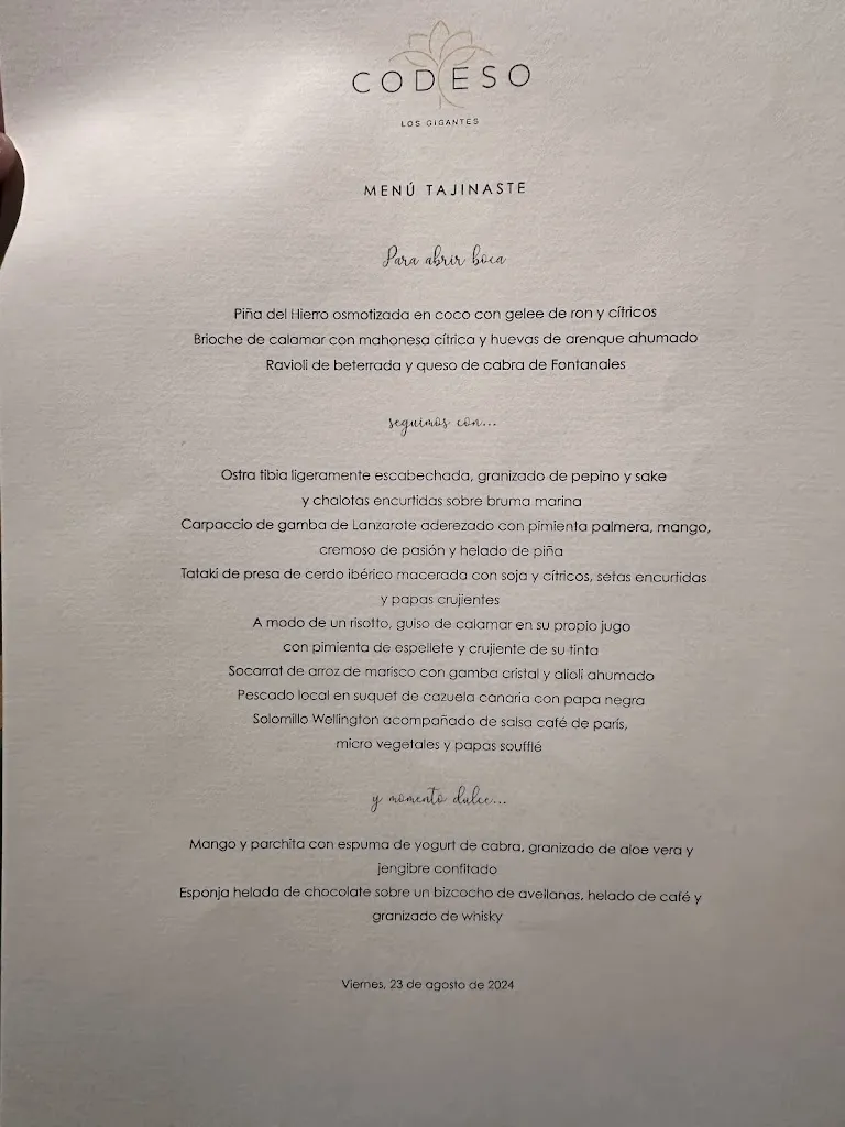 Menu_Codeso Restaurant_Los Gigantes_image_1