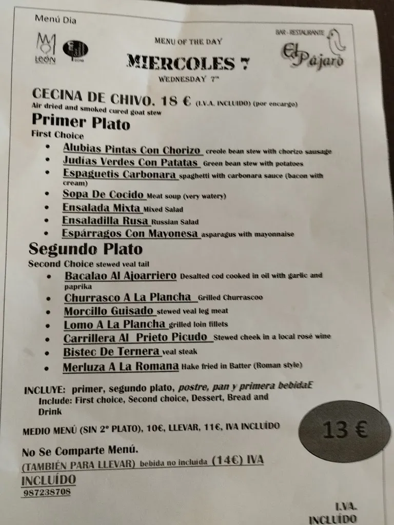 Menu_Hostelería Restaurante El Pájaro_San Andrés del Rabanedo_image_1