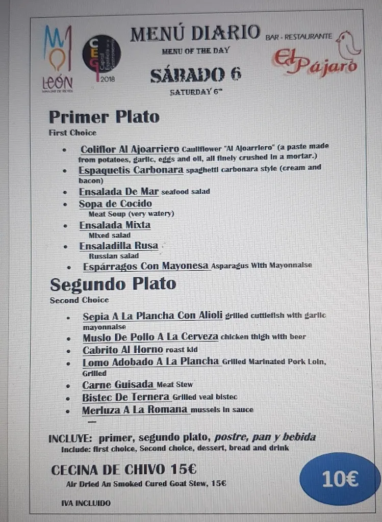 Menu_Hostelería Restaurante El Pájaro_San Andrés del Rabanedo_image_2