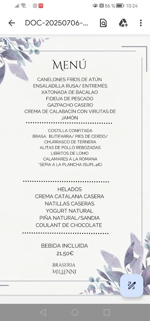 Menu_BRASERIA MILLENNI ANGLESOLA_Anglesola_image_1