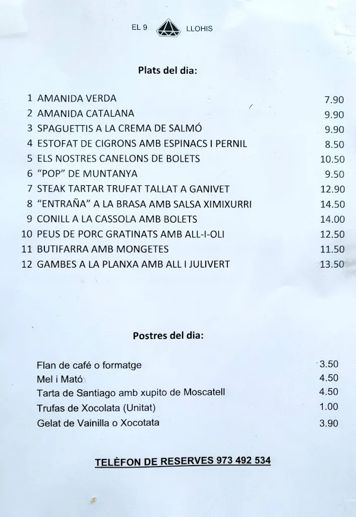 Menu_Restaurant 9 Llohis_Guixers_image_1