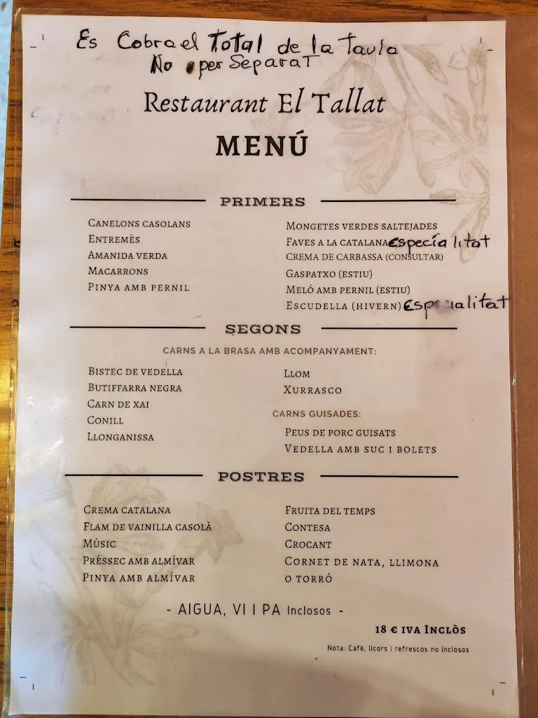 Menu_Restaurant El Tallat_Vallbona de les Monges_image_1